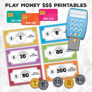 De l'argent fictif pour les enfants, une monnaie pour faire semblant pour les tout-petits et les enfants d'âge préscolaire, des dollars, des cents, des cartes de crédit pour apprendre les mathématiques et les chiffres - Imprimable