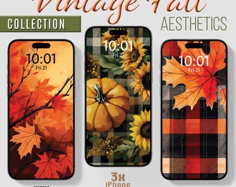 iPhone wallpapers, Smartphone wallpaper set, Fall leaves pumpkins plaid wallpaper, phone Screensaver Background, lock screen, Vintage Autumn
