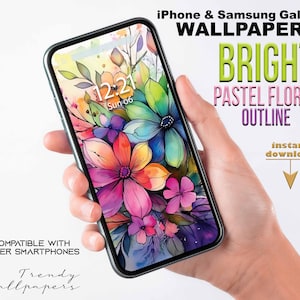 May include: A phone displaying a bright pastel floral outline wallpaper with the text "BRIGHT PASTEL FLORAL OUTLINE" and "instant download" on the screen. The phone is being held in a hand.