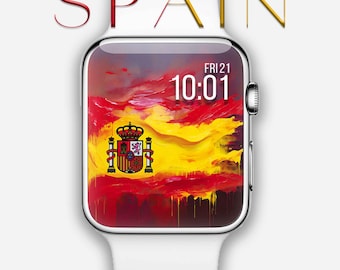 SPANJE voetbal Apple Watch-gezicht, Spaanse vlag smartwatch behang, patriottische vlag horloge achtergrond, Samsung wijzerplaat, vlag olieverfschilderij