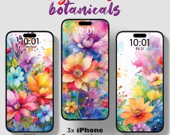 Phone wallpapers, Set of 3, Smartphone Wallpaper, Bright pastel wallpaper, Screensaver, Spring Phone Background, watercolour boho floral