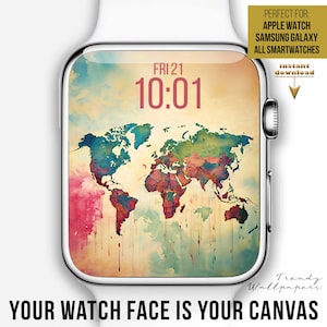 Puede incluir: Un smartwatch con un diseño de mapa del mundo colorido en la pantalla. La pantalla muestra la hora y la fecha, con el texto "FRI 21 10:01". La esfera del reloj es una descarga digital. El texto "YOUR WATCH FACE IS YOUR CANVAS" está en la parte inferior.