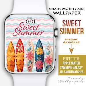 Quadrante dell'orologio, accessori per Apple Watch, quadrante estivo, sfondo estivo per orologio, quadrante con tavola da surf, sfondo per smartwatch, dolce divertimento estivo