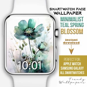 Quadrante Apple Watch, sfondo floreale verde acqua, quadrante smartwatch con fiori selvatici, quadrante botanico, quadrante primavera, fiori acquerello verde acqua