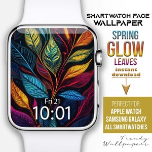 Könnte beinhalten: Eine Smartwatch-Zifferblatt-Tapete mit einem farbenfrohen abstrakten Design aus Blättern. Die Tapete trägt den Titel "Spring Glow Leaves" und lautet "Sofort-Download". Die Tapete ist kompatibel mit Apple Watch, Samsung Galaxy und allen Smartwatches.