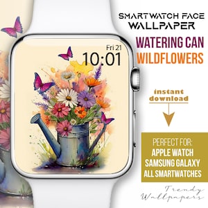 Quadrante Apple Watch, sfondo smartwatch, sfondo botanico primaverile per orologio, quadrante annaffiatoio, quadrante boho acquerello fiori selvatici