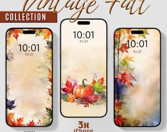 3 iPhone wallpaper, Smartphone wallpapers, Vintage Fall leaves and pumpkins wallpaper, Autumn aesthetic phone Screensaver Background, fall