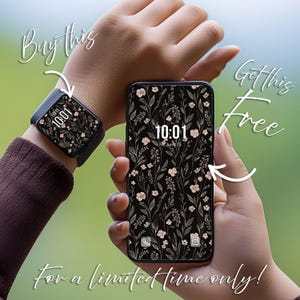 Könnte beinhalten: Eine schwarze Smartwatch und ein Smartphone zeigen ein Blumenmuster mit der Uhrzeit 10:01 und dem Datum. Der Text "Buy this" und "Get this free" stehen über den Geräten, darunter "For a limited time only!"