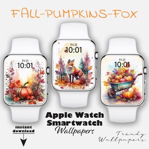 Sfondo per Apple Watch, set di 3, accessori autunnali per Apple Watch, zucche per Apple Watch, sfondo per smartwatch, quadrante a forma di zucca, autunno, volpe