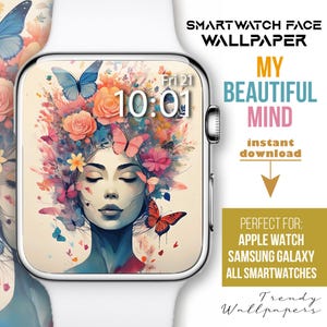 Quadrante Apple Watch, sfondo per orologio donna Butterfly Floral, quadrante smartwatch con fiori pastello, quadrante botanico, quadrante primavera, femminile
