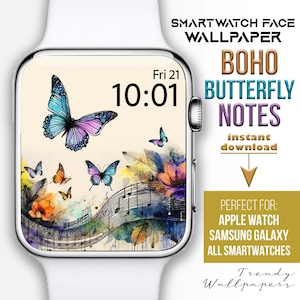 Quadrante Apple Watch, sfondo per orologio con farfalle floreali, quadrante per smartwatch con fiori pastello, quadrante botanico, quadrante primaverile, note musicali