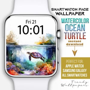 Quadrante Apple Watch, sfondo per orologio tartaruga, quadrante smartwatch oceano, quadrante acquerello sotto il mare, quadrante orologio oceano, tartaruga marina che nuota