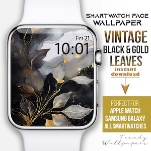 Könnte beinhalten: Ein Smartwatch-Zifferblatt-Design mit einem abstrakten Muster aus schwarzen und goldenen Blättern. Das Design ist mit "Vintage Black & Gold Leaves" und "Sofort-Download" gekennzeichnet. Das Design ist kompatibel mit Apple Watch, Samsung Galaxy und allen Smartwatches.