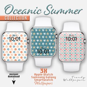 Quadrante Apple Watch, set di 3 sfondi per smartwatch a tema oceano, conchiglie, stelle marine, motivi a squame di pesce, sfondo per orologio, quadrante estivo