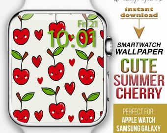 Esfera de Apple Watch, Esfera de reloj de verano, Lindo fondo de pantalla de reloj con corazones de cereza roja, Esfera de reloj inteligente, Lindo fondo de reloj de frutas de verano para niños