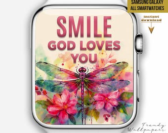 Apple Watch face, pink Dragonfly Floral watch wallpaper, Dragonfly smartwatch face, botanical Spring watch face, watercolor, motivational