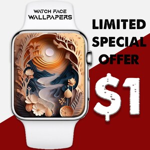 May include: White smartwatch with a landscape-themed watch face featuring a mountain range, river, and trees. The watch face has a warm color palette. Text on the watch reads "WATCH FACE WALLPAPERS". The image also includes the text "LIMITED SPECIAL OFFER $1".