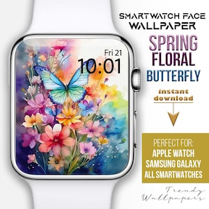 Quadrante Apple Watch, sfondo per orologio con farfalla floreale, quadrante per smartwatch con fiori pastello, quadrante botanico, quadrante primaverile, bella farfalla