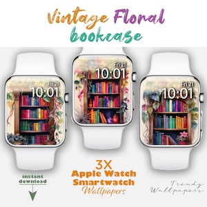 May include: Three Apple Watch smartwatch wallpapers featuring a vintage floral bookcase with colorful books. The time is displayed as 10:01 on each watch face.