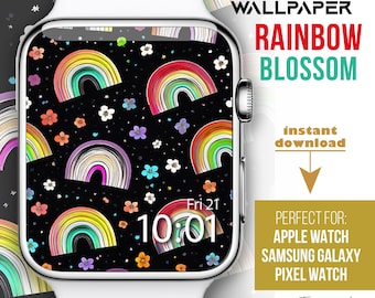 Esfera de Apple Watch, fondo de pantalla de reloj, fondos de pantalla de reloj inteligente, esfera de reloj arcoíris, fondo de reloj con arcoíris y flores, arcoíris bohemios danzantes