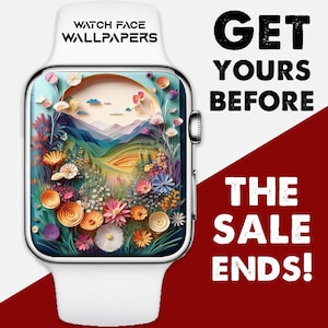 Könnte beinhalten: Eine weiße Smartwatch mit einem floralen Landschaftshintergrund. Das Zifferblatt zeigt eine farbenfrohe Wiesenlandschaft mit Bergen, Blumen und Wolken. Auf der Uhr steht "WATCH FACE WALLPAPERS". Der Hintergrund hat den Text "GET YOURS BEFORE THE SALE ENDS!"
