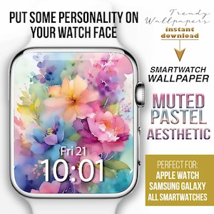 Può includere: Uno smartwatch con un design floreale dai colori pastello. Il quadrante mostra la data e l'ora. Il testo sull'immagine recita "Dai personalità al tuo quadrante" e "Sfondo per smartwatch".