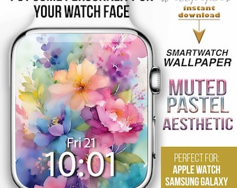 Apple Watch Wallpaper, Muted pastel aesthetic wallpapers, Floral Apple Watch face, Smartwatch Background, boho watercolour pastel flowers