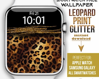 Apple Watch Gesicht, Leopard Print Smartwatch Wallpaper, Gold Glitter Boho Abstrakt Uhr Hintergrund, Samsung Galaxy Animal Print Uhrgesicht