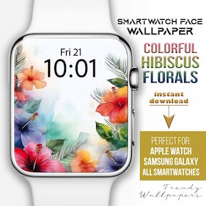 Quadrante Apple Watch, sfondo floreale pastello colorato, quadrante smartwatch con fiori di IBISCO, quadrante botanico, fiori estivi tropicali