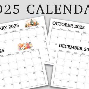Calendario 2025, Calendario minimalista 2025, Planificador 2025 horizontal, Calendario de pared, Planificador mensual de escritorio, Tamaño carta imprimible, 1 página por mes