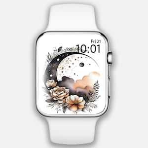 Quadrante Apple Watch, sfondo per orologio Boho Pastel Floral, quadrante smartwatch Dusty Pink Flowers, quadrante botanico con luna crescente, fiore primaverile