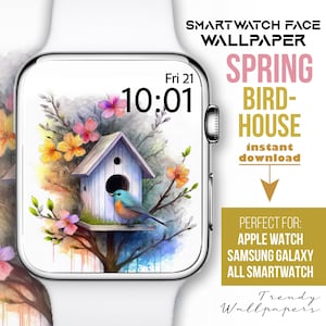 Quadrante Apple Watch, Sfondi Smartwatch, Uccello, Sfondo floreale per orologio con casetta per uccelli, Quadrante albero primaverile, Quadrante fiore di campo acquerello