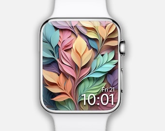 Tapeta na Apple Watch, 3D pastelowe tapety estetyczne, tarcza Apple Watch z motywem kwiatowym, tło smartwatcha, boho tekstura pastelowy wzór liści
