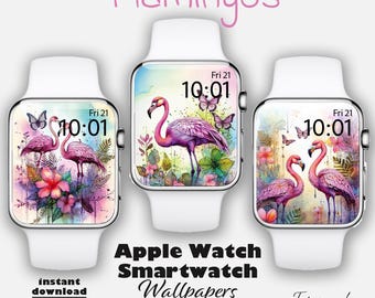 Apple Watch Wallpaper, FLAMINGO Uhrengesichter 3er Set, Apple Watch Zubehör, Smartwatch Hintergrund, Boho Sommer Uhr-Gesicht, ROSA FLAMINGOS