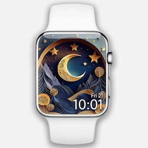 Peut inclure: Une Apple Watch blanche avec un croissant de lune doré et des étoiles sur un fond bleu et doré. Le cadran de la montre affiche l'heure 10:01 et le jour Fri 21.