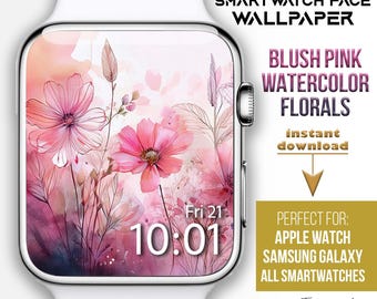 Apple Watch-wijzerplaat, roze horloge met pastelkleurige bloemen, wijzerplaat met blushroze bloemen smartwatch, botanisch wijzerplaat, wijzerplaat lentebloem