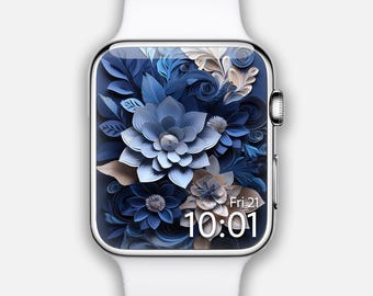 Esfera de Apple Watch, fondo de pantalla de reloj con flores azules en 3D, esfera de reloj inteligente con patrón de flores silvestres, esfera de reloj botánica, esfera de reloj con flores de primavera