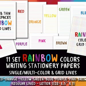 May include: A collection of stationery papers with rainbow-colored ruled and grid lines. The papers come in various colors, including red, orange, yellow, green, blue, purple, pink, and brown. The text on the papers reads "Rainbow Colored Grid Lines" and "Wide & Thin Line Spaces Rainbow Ruled Lines". The paper size is 8.5" x 11".