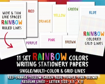 Rainbow Stationery Paper, multicolor ruled stationery journal paper, Printable coloured lines sheets, digital grid lines graph paper 8.5x11