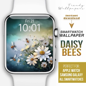 Quadrante Apple Watch, sfondi per smartwatch con margherite floreali, sfondo botanico per orologio, quadrante con api e fiori, margherita bianca su quadrante blu.