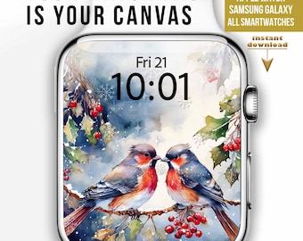 Lovebirds in winter Apple Watch face, Smartwatch Wallpaper, watercolour Birds, Cozy winter holiday holly berry floral Watch Background art