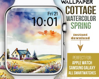 Tapeta na Apple Watch, tapeta w stylu akwarelowego domku, krajobrazowa tarcza Apple Watch, tło Smartwatcha, wiosenny boho pastelowy kwiat