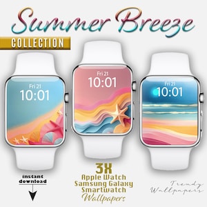 Quadrante Apple Watch, set di 3 sfondi per smartwatch a tema oceano, conchiglie, stelle marine, giallo ranuncolo, rosa antico, sfondo estivo blu per orologio