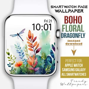 Quadrante Apple Watch, sfondo per orologio Boho Dragonfly Floral, quadrante per smartwatch Dragonfly, quadrante botanico, quadrante primaverile, arte ad acquerello