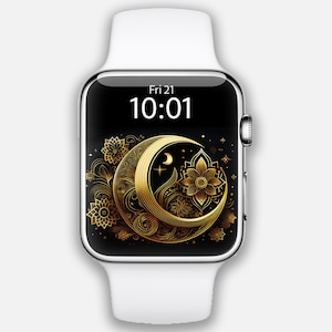 Quadrante Apple Watch, sfondo smartwatch, quadrante Gold Arabesque, motivo islamico, luna dorata, quadrante stella, floreale, quadrante Ramadan