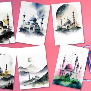 Aquarelles de mosquée, cartes de voeux DIY Eid Mubarak, Ramadan Mubarak, lot de 6 images JPG de mosquée minimalistes, conception de clipart mosquée 2