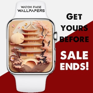 May include: White smartwatch with a screen displaying a Japanese pagoda scene with cherry blossoms. The watch face has a beige background with a three-tiered building, a paper lantern, and pink flowers. The text "WATCH FACE WALLPAPERS" is at the top.