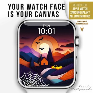 May include: A smartwatch displays a Halloween-themed wallpaper with a house, pumpkins, bats, and a spiderweb. The screen shows the time as 10:01 on Friday, the 21st. Text at the top reads "YOUR WATCH FACE IS YOUR CANVAS."