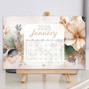 Floral Desk Calendar 2025, Earth toned Flowers Desk Calendar, Neutral Floral Calendar, English and French, Calendrier de bureau floral 2025