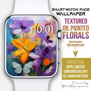 Quadrante Apple Watch, sfondo floreale dipinto a olio, quadrante smartwatch con fiori viola e gialli, quadrante botanico, dipinto di fiori primaverili